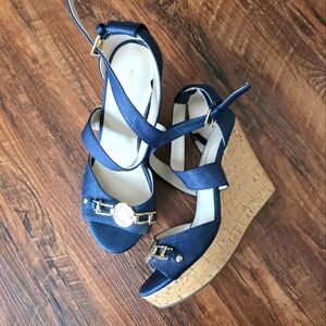 Marc Fisher Navy Blue Wedge Sandals with Ankle Straps Gold Accents Cork Size 6